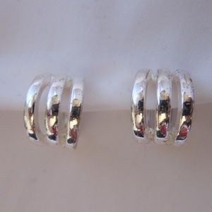 Triple hoop silver clip earrings
